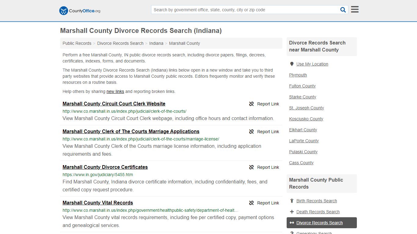 Marshall County Divorce Records Search (Indiana)